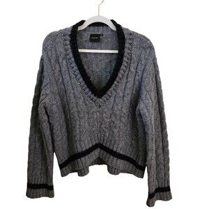 Cliché Vintage Gray Chunky Cable-Knit Beaded V Neck Wool Blend Sweater Size XL